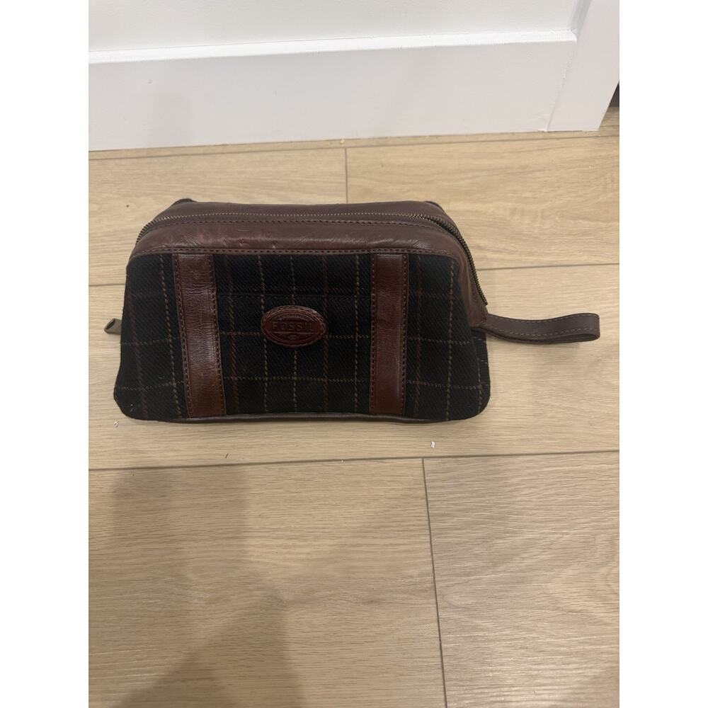 Fossil Mens Brown Cow Hide Leather Tartan Mix Zip Shave Wash Travel Bag Pockets